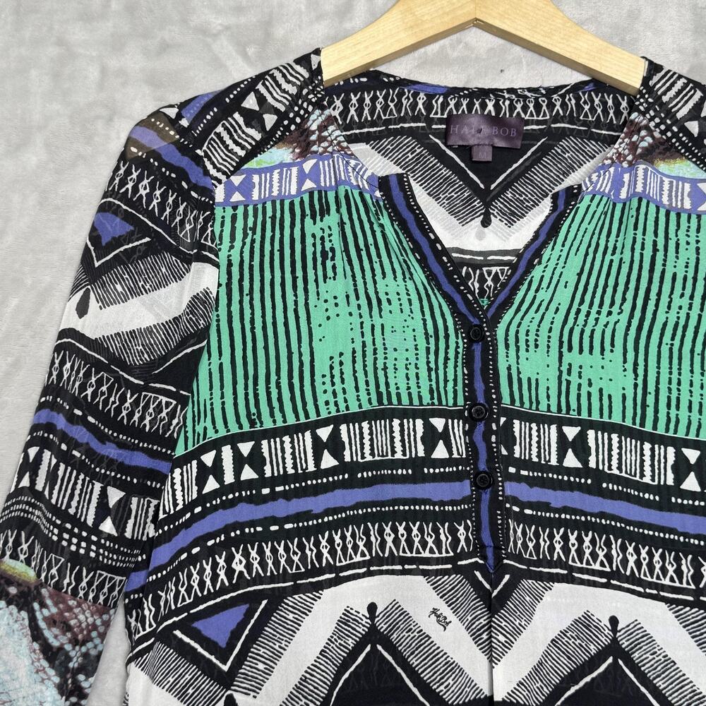 Hale Bob Shirt Womens Medium Multicolor Silk Boho Blouse Long Sleeve V Neck